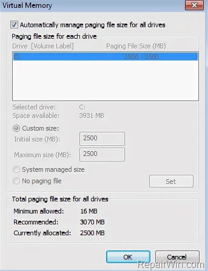 Max memory size. Windows allocated. 164 memory size error hp.