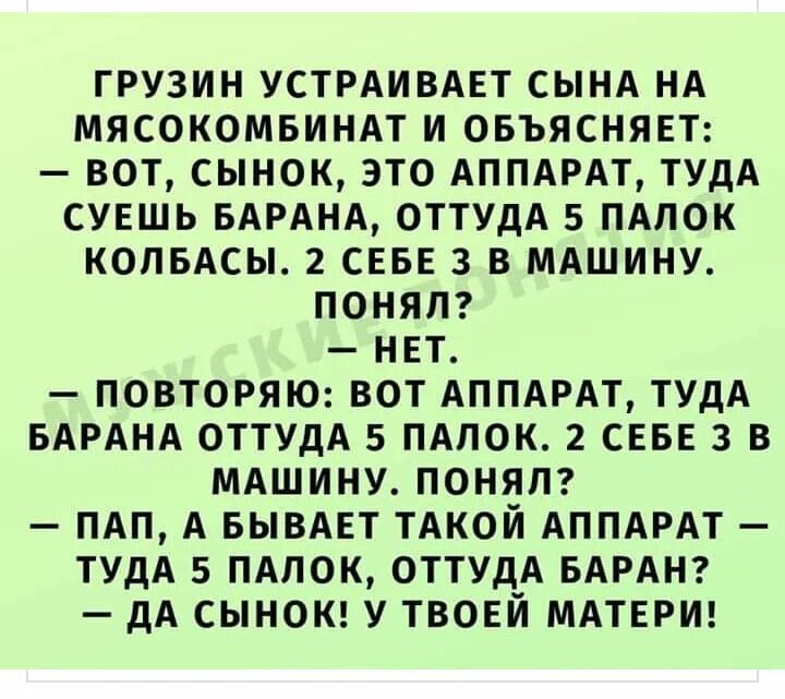 Скажи грузин. Грузин устраивает сына на мясокомбинат и объясняет. Анекдот грузин устраивает сына на мясокомбинат. Анекдоты про мясокомбинат. Анекдот про грузина и барана.