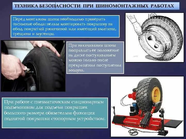 Шиномонтажные работы автомобиля. Монтажа и демонтажа шин автомобиля. Техника безопасности при шиномонтажных работах. Требования безопасности к колёсам и шинам. Техника безопасности при накачке шин.