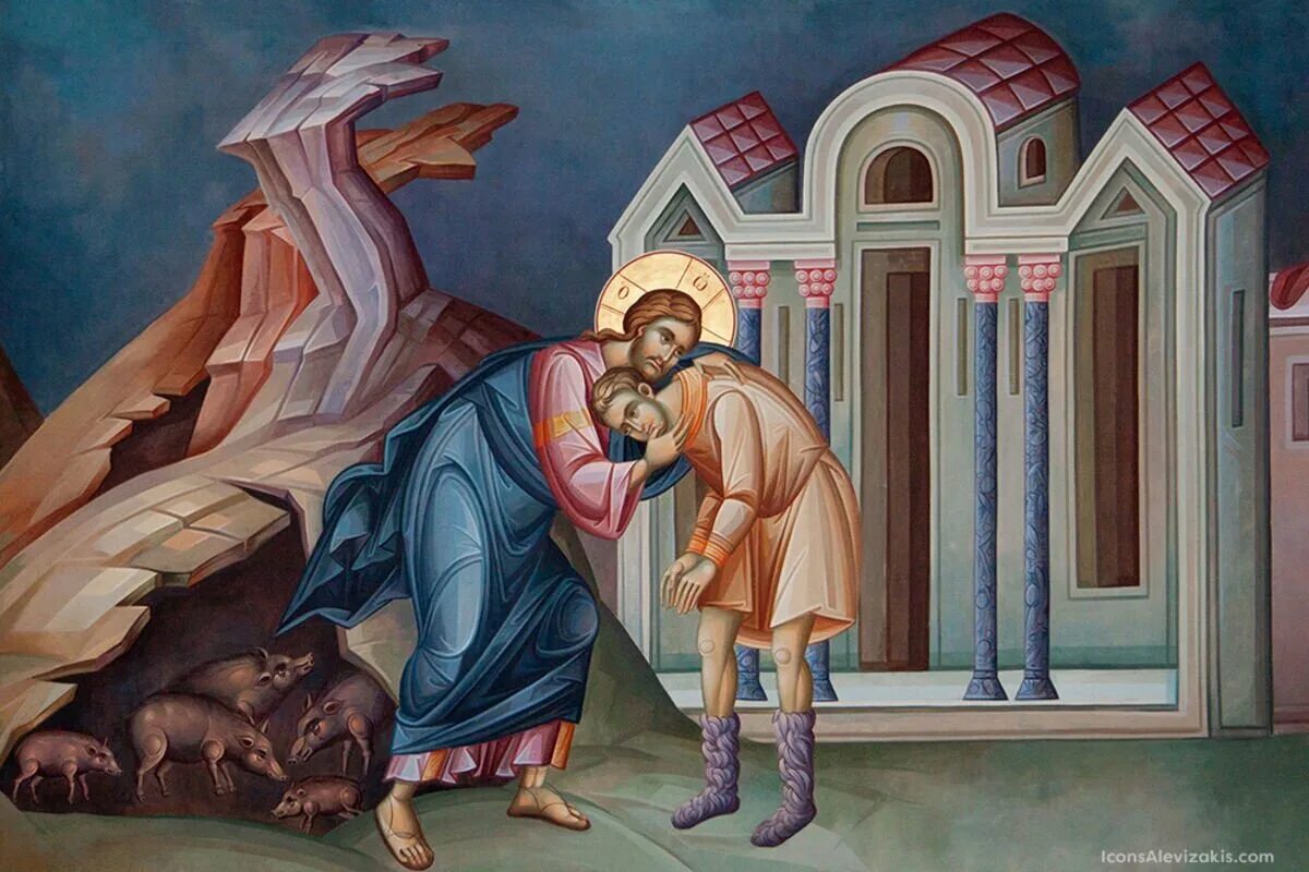 Толкование блудном сыне. Возвращение блудного сына икона. Возвращение блудного сына фреска. Притча о блудном сыне фреска. Неделя о блудном сыне икона.