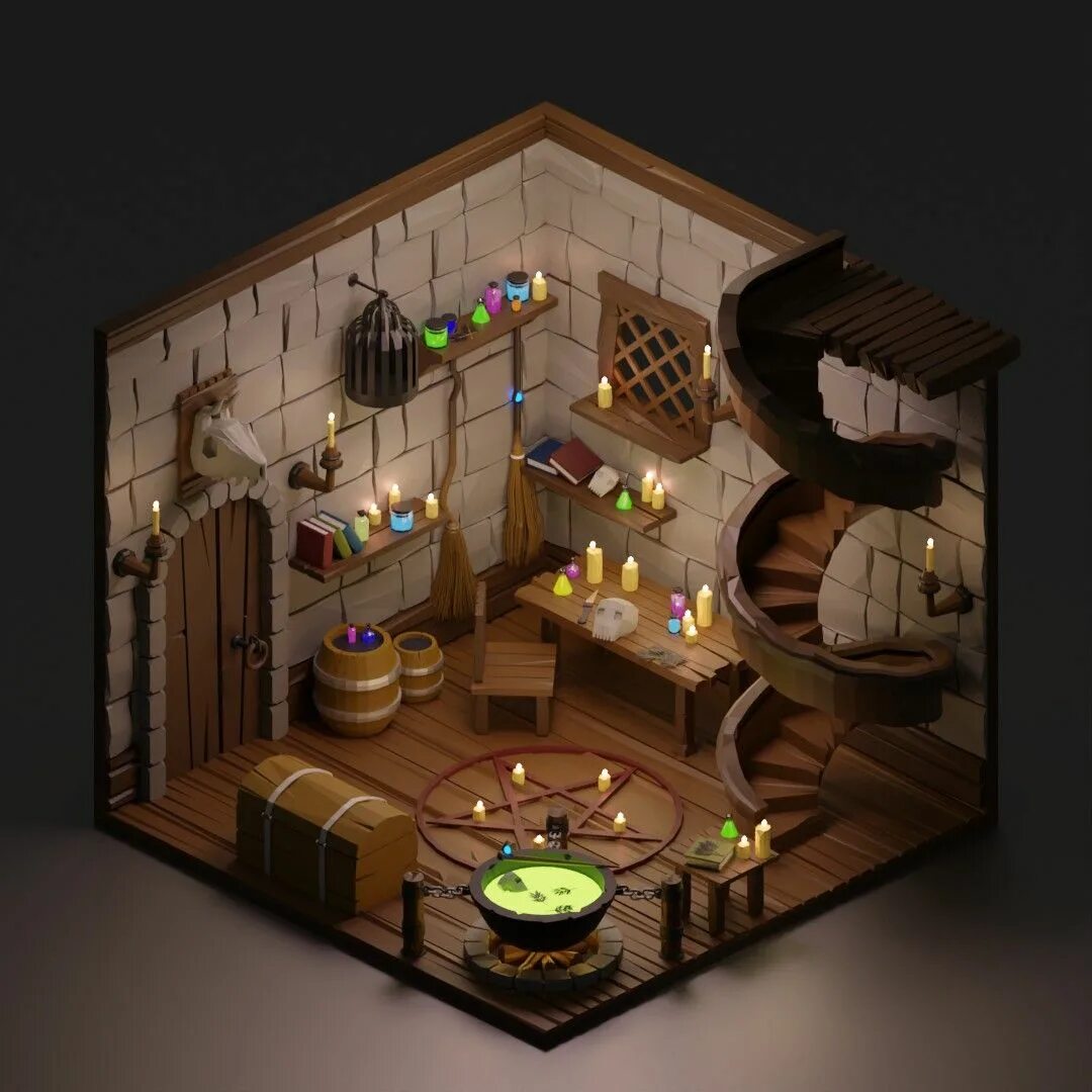 Подвал поли. Логово ведьмы лоу поли. изометрия blender. спальня ведьмы isometric 3d. логово ведьмы blender.