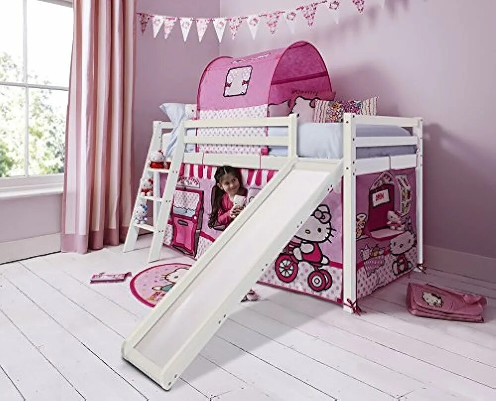 Детские кровать можно. Кровать Хелло Китти. Хелло Китти кровать для девочек. Кроватка Хэллоу Китти. Кровать чердак Хелло Китти.
