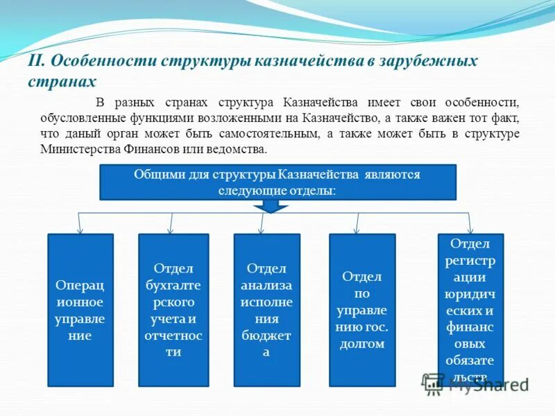 Модели организации казначейства в зарубежных странах. Функции казначейства США. Структура казначейства. Бюджетные системы зарубежных стран.