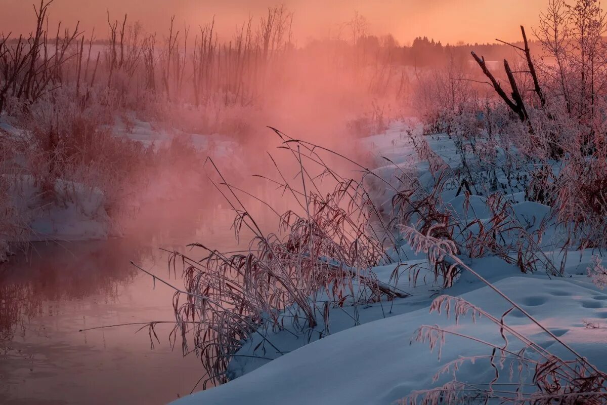 Поземный ледяной туман. Морозный туман. Морозное утро. Зимнее утро.