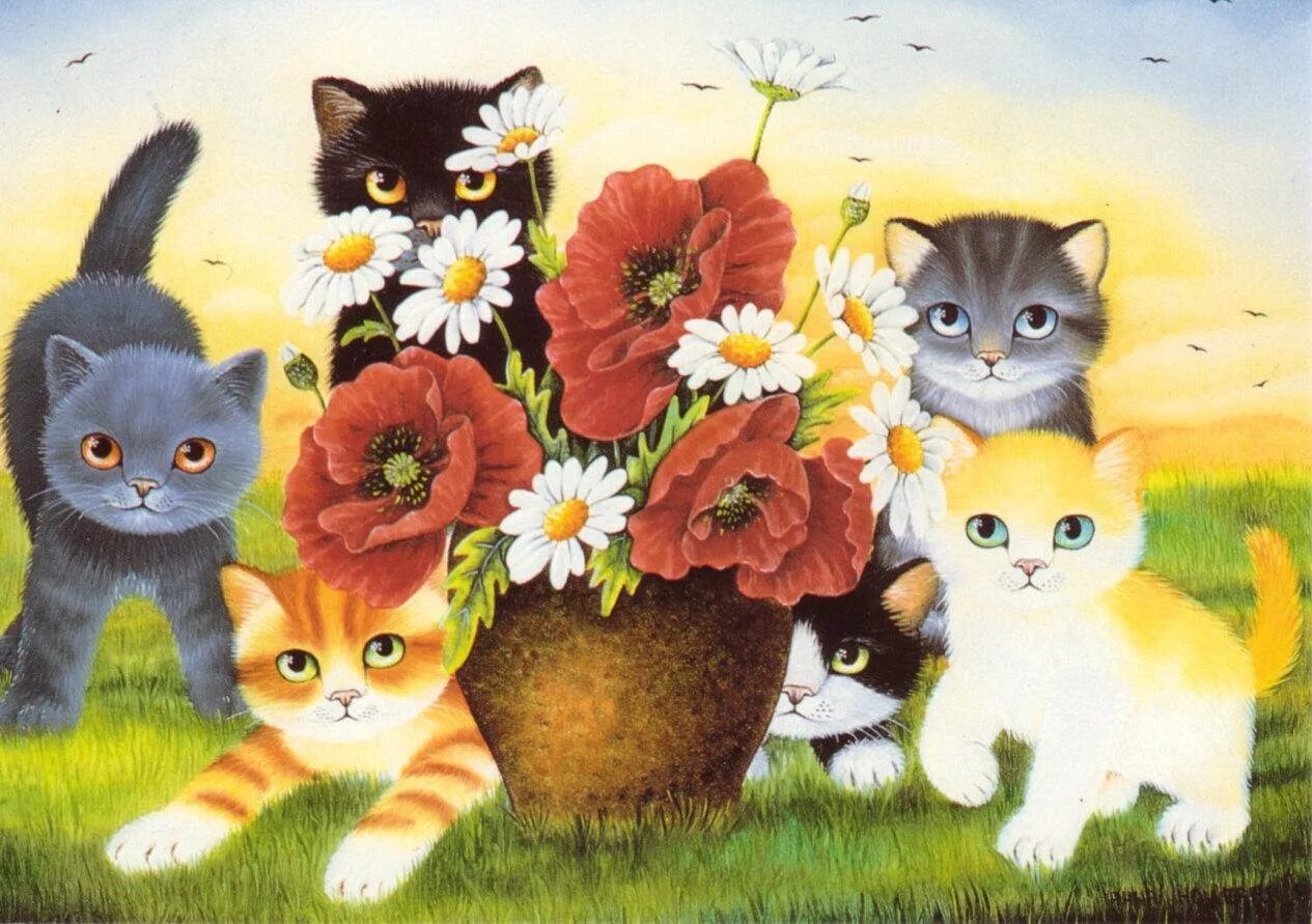 Коты Анны Холлерер. Финская художница Anna Hollerer. Котенок в цветах. 1 кошка и 5 котят