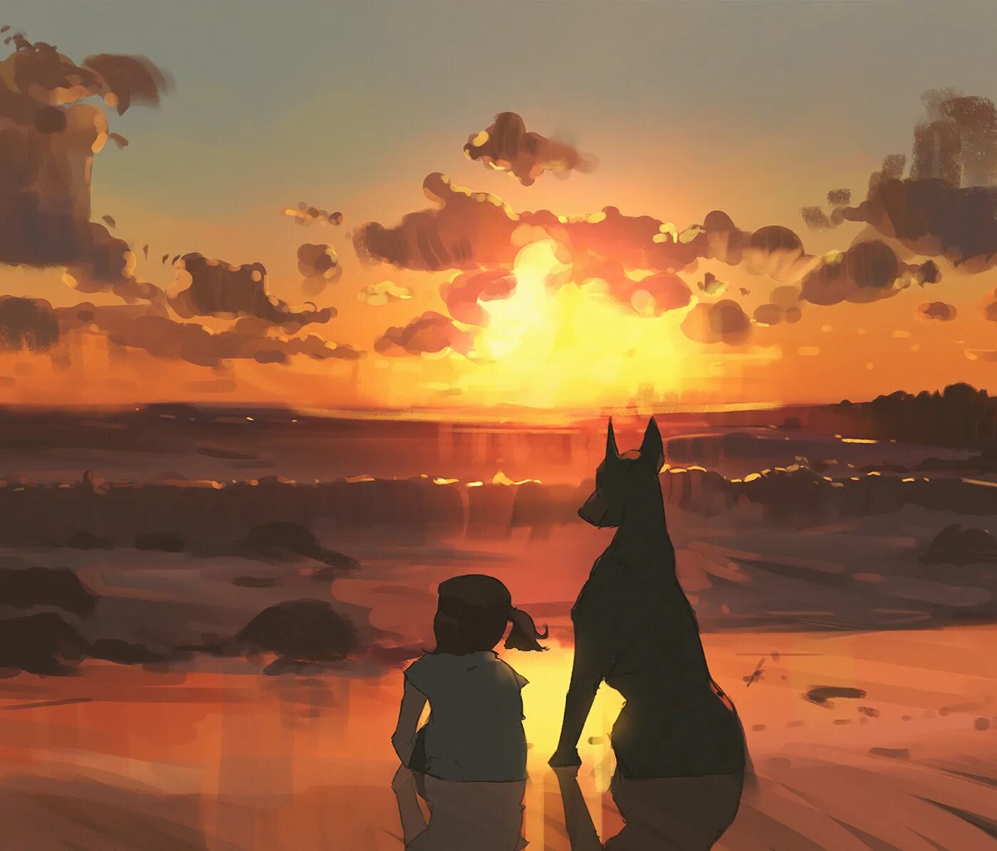 Пес любуясь волшебством. Собака на природе. Кошка с собакой на закате. Собаки фэнтези красивые. Пес любуясь волшебством.