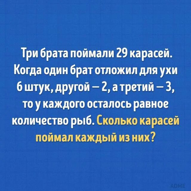 Сводный брат поймал. Задача по математике 3 брата поймали 29 карасей. Три брата поймали 29 карасей когда один брат отложил для ухи 6 штук. Три брата поймали 29 рыб. Три брата поймали 29 карасей для ухи 6 штук другой 2 штуки а третий 3.