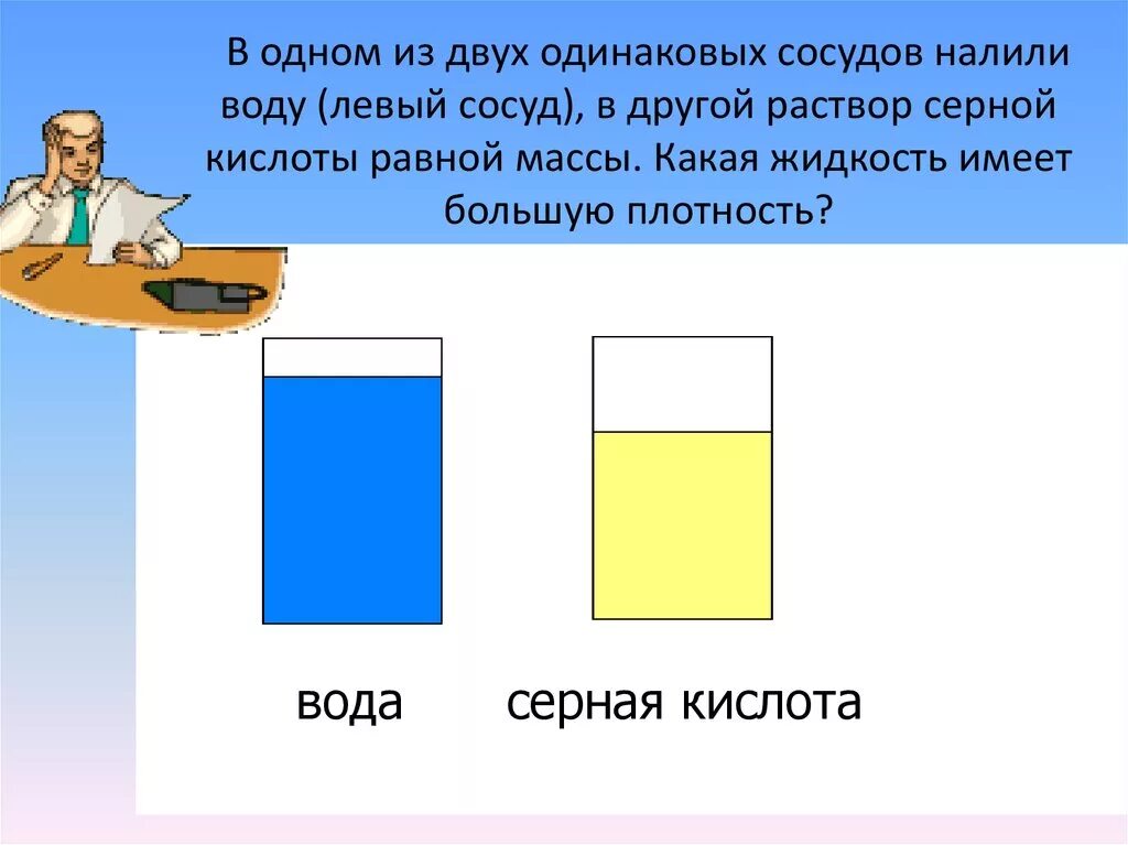 Имеет ли вода плотность. Плотность воды в физике. Плотность серной кислоты и воды. Жидкость налита в сосуд. Плотность серной кислоты больше плотности воды.