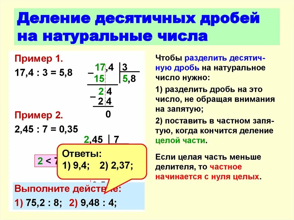 Деление десятичного числа на целое. Правило деления десятичных дробей на натуральное число 5 класс. Правило деления десятичной дроби на натуральное число. Решение десятичных дробей деление. Памятка по делению десятичных дробей.