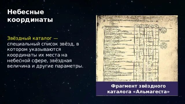 Список звезд которым. Звездные каталоги. звездный каталог альмагеста. специальный список звезд в котором указываются координаты. небесные координаты.