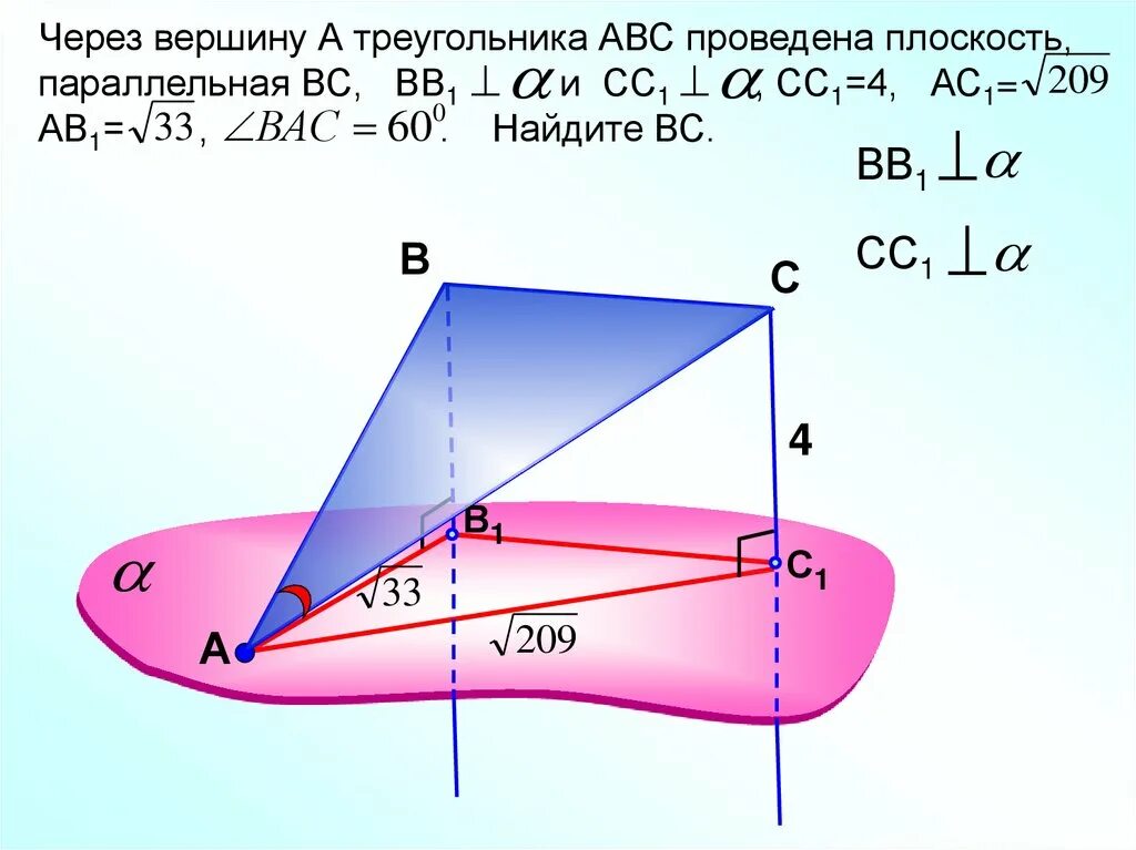 Через вершины треугольника abc. Через вершину проведена плоскость. Через вершину треугольника АВС проведена плоскость а. Через вершину. Провести плоскость.