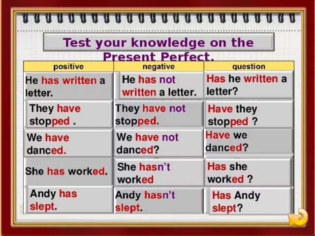 Write present perfect. Stop в present perfect. Not do в present perfect. Stop в past perfect. Had written перевод