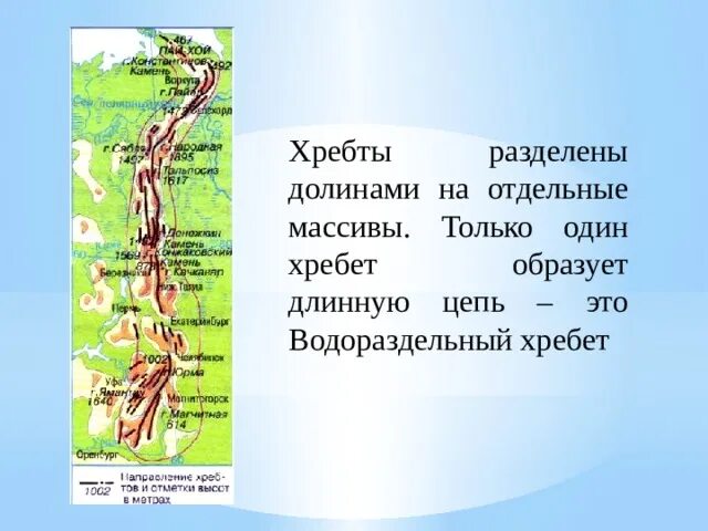 В каком направлении происходит понижение уральских гор. Хребты Урала на карте. Главный Уральский хребет на карте. Водораздельный хребет Урала. Главный Водораздельный хребет на карте Урала.