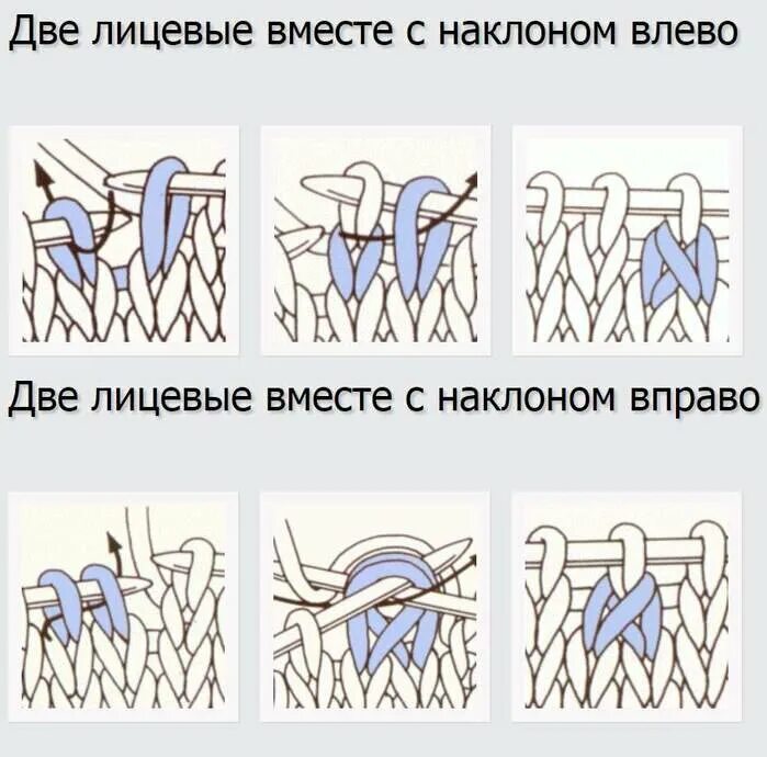 Убавка вправо. 2 Вместе лицевой с наклоном влево. Лицевая петля с наклоном влево. 2 Петли вместе лицевой с наклоном влево. 2 Петли вместе с наклоном влево спицами.