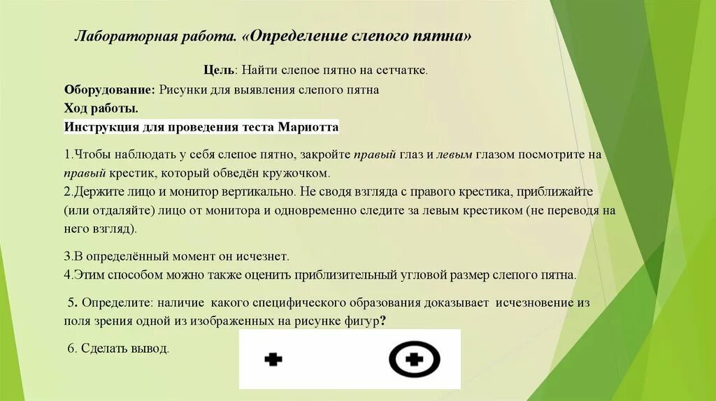 Обнаружение слепого пятна практическая работа 8. Определение слепого пятна работа. Опыт обнаружение слепого пятна. Лабораторная работа обнаружение слепого пятна. Определение слепого пятна лабораторная работа.