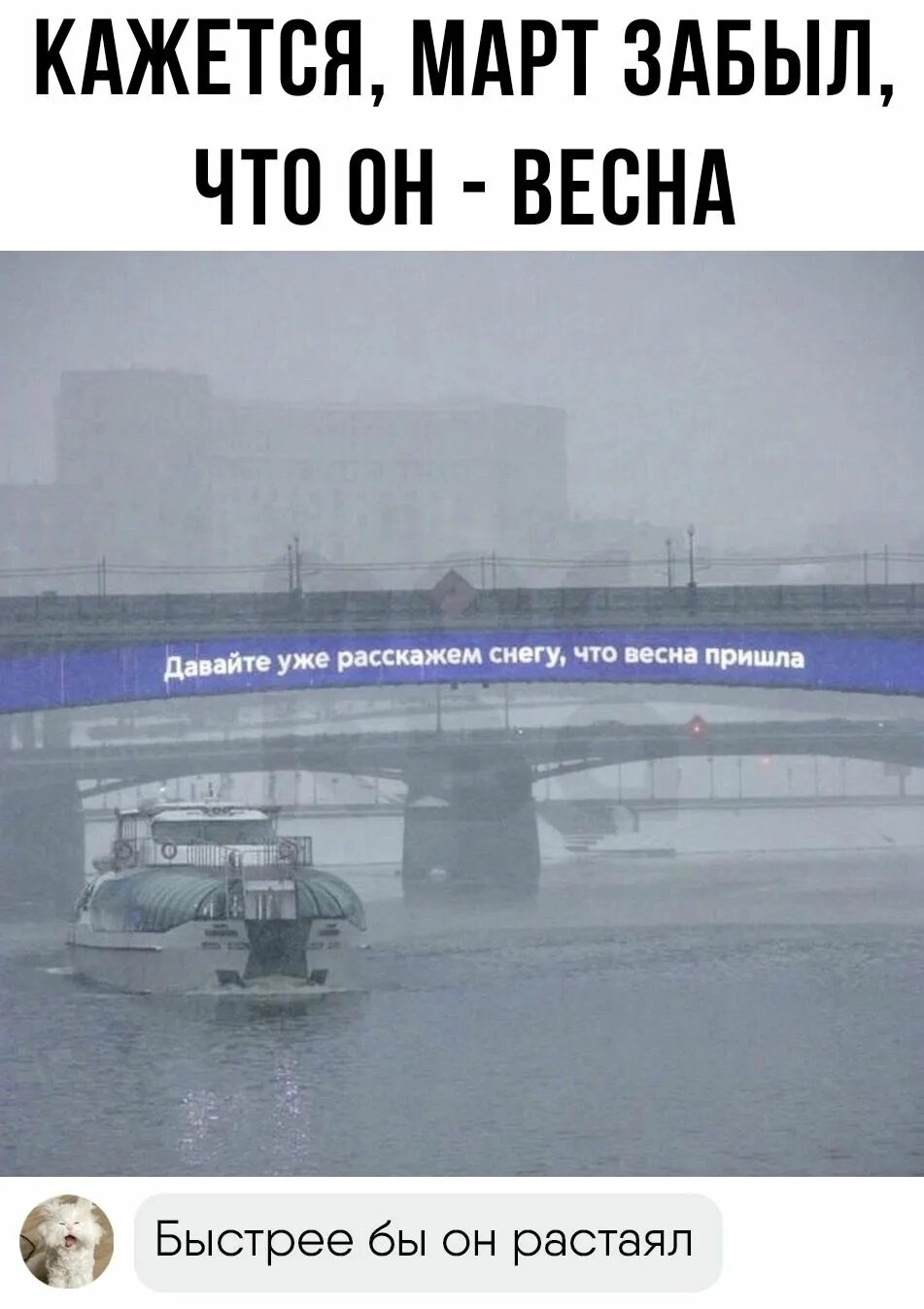 Главное чтобы март не забыл. Снег весной приколы. Снег весной Мем. Туман в Москве.