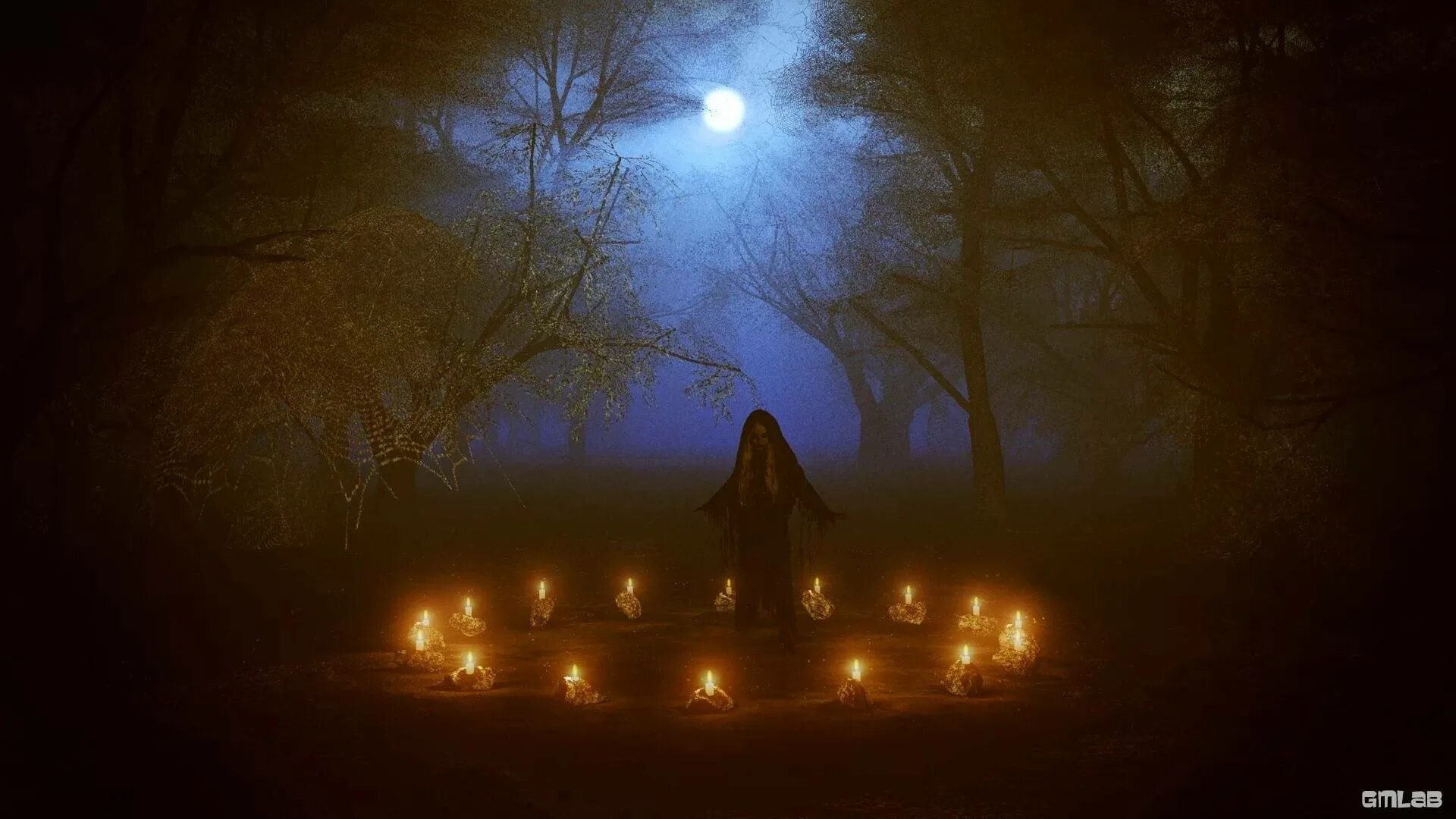 Бельтайн алтарь. Свечи в ночном лесу. Мистический обряд. Ночь ведьм.
