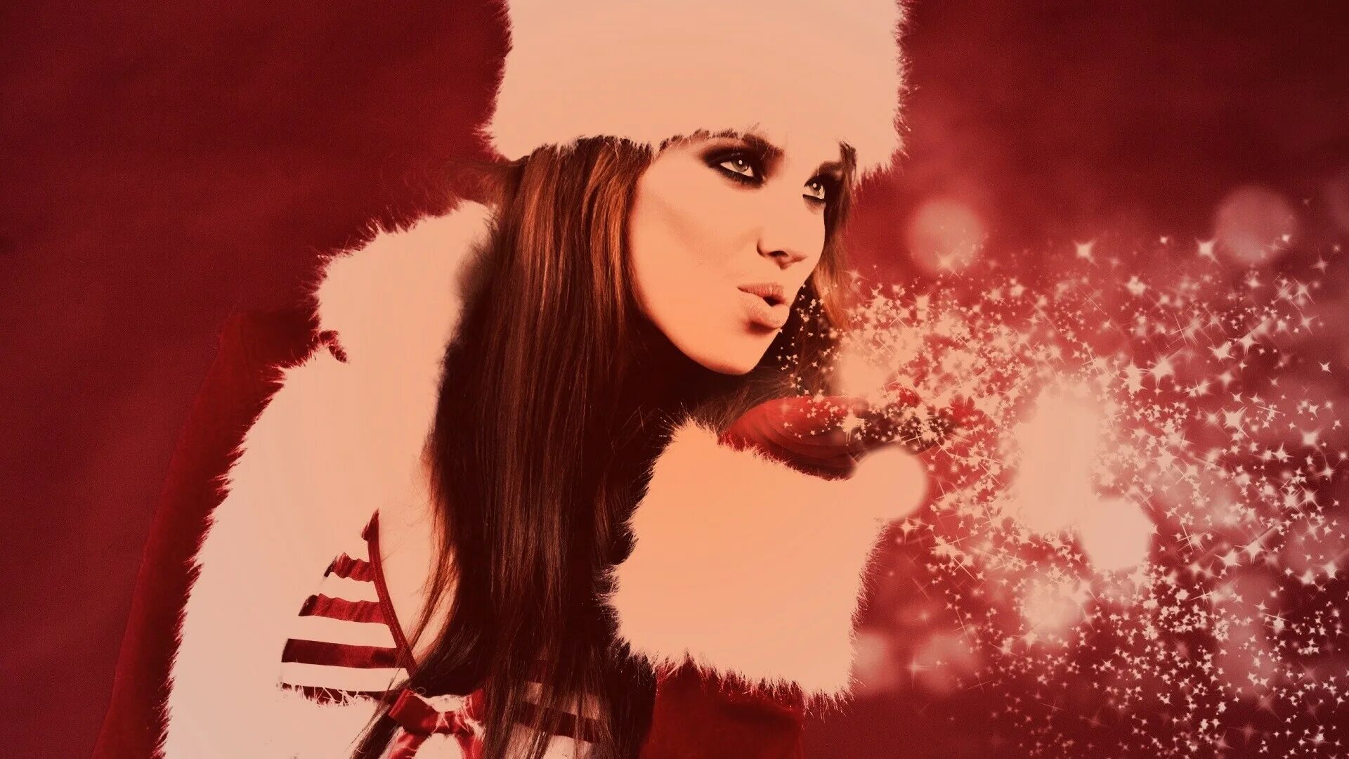 Обои со снегурочкой. Девушка в костюме деда мороза. Девушка новый год. Новогодние телки на рабочий стол. Обои со снегурочкой.