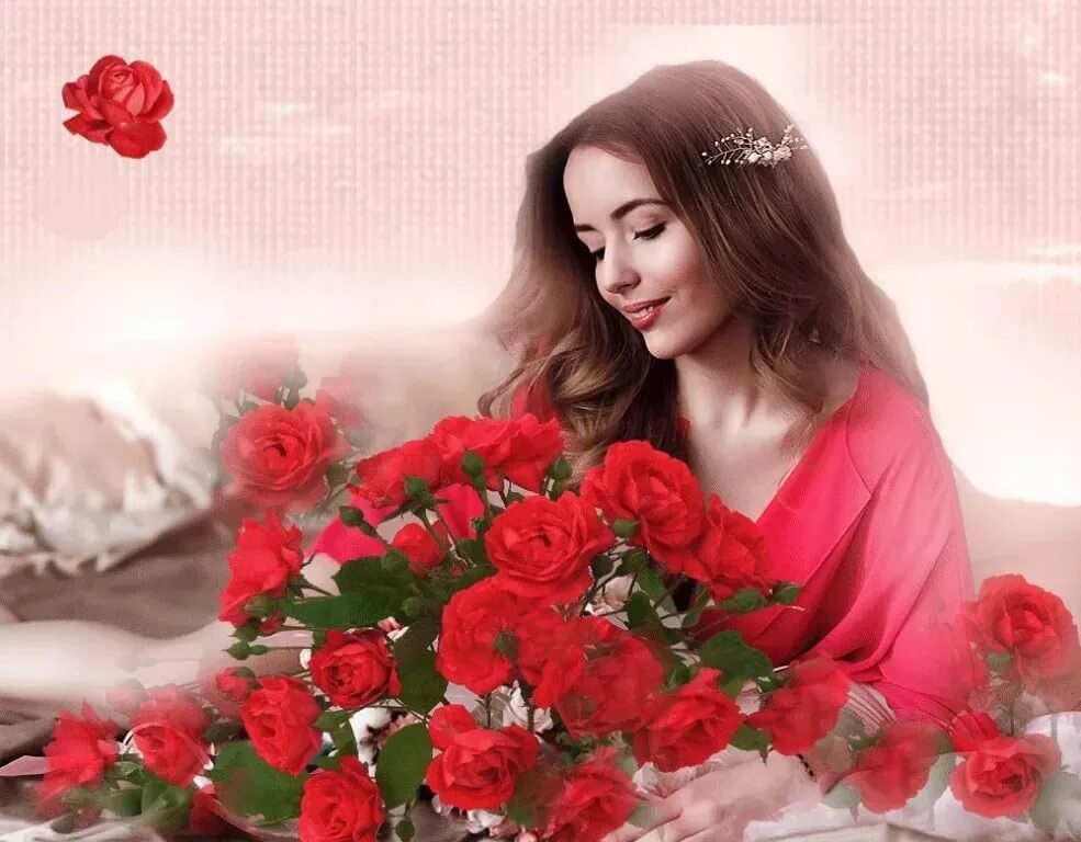 Алые розы и женщины. Дарите женщинам цветы. Счастья нам женщины. Подарить цветочки прекрасной женщине