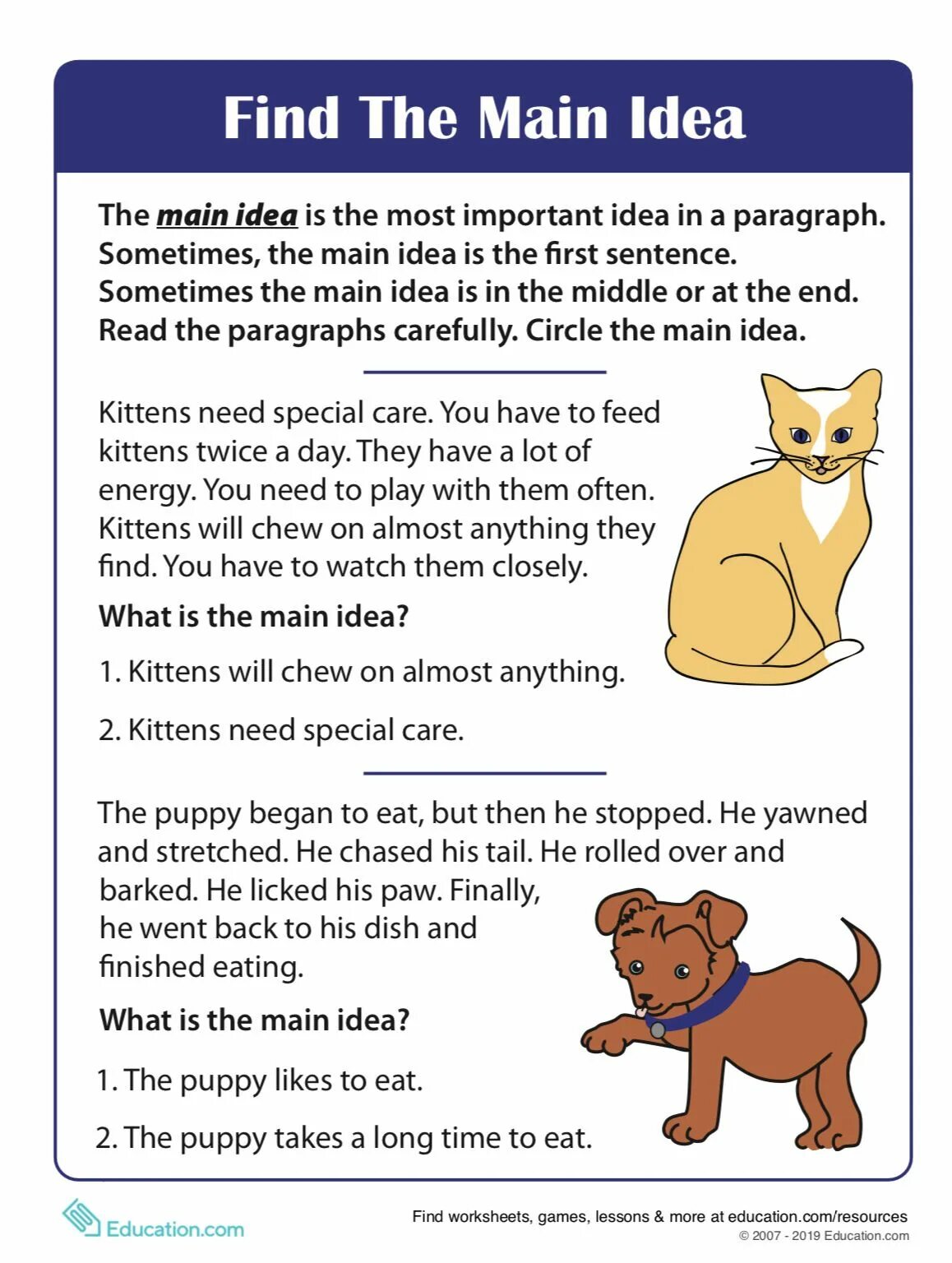 Questions about pets. Reading for the main idea. Reading Comprehension for Kids. Main idea. Reading Worksheets for Kids.