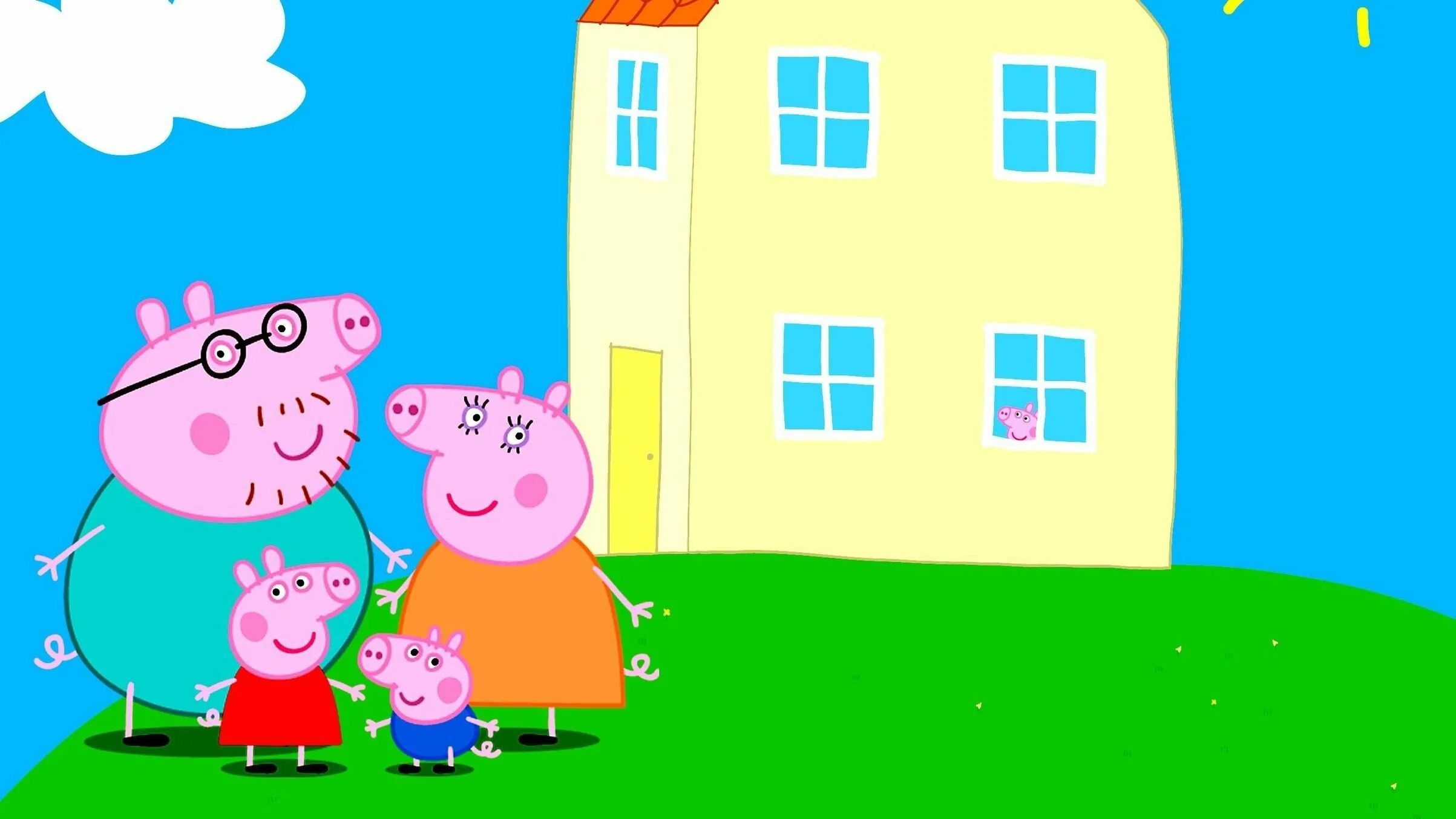 Свинка посмотри. Свинка Пеппа и её семья. Свинка Пеппа её сьмья. Пеппа Пиг Хаус волпапер.