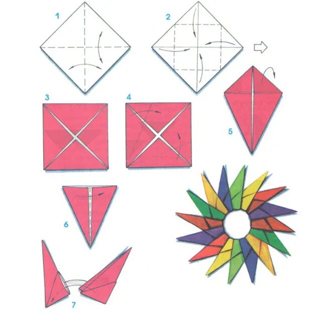 Круг из треугольников из бумаги. Оригами. Поделки из бумаги оригами. Оригами схемы. Оригами для детей.