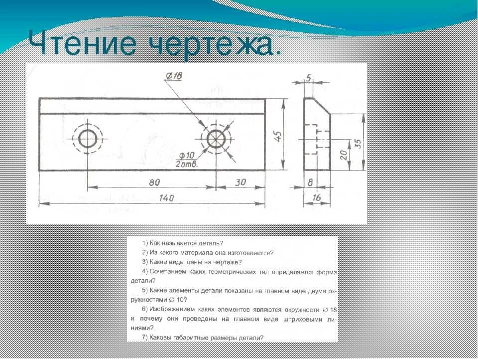 Чтение чертежа правильно. Чтение чертежей деталей в машиностроении для начинающих. Порядок чтения чертежей деталей 8 класс черчение. Чтение чертежей для начинающих обозначения деталей. Чтение чертежа детали пример.