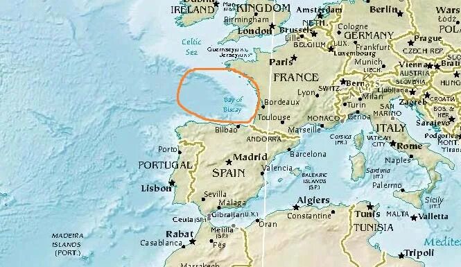 Какое море омывает францию. Бискайский залив на карте Атлантического океана. Бискайский пролив залив на карте.