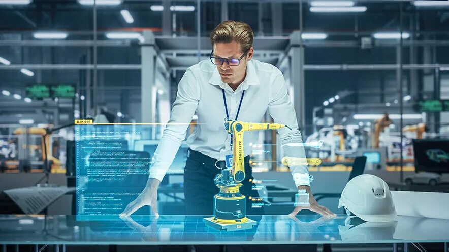 Высокотехнологичное производство. High technology industry. High technology industry. Красивая девушка и промышленный робот. High technology industry.
