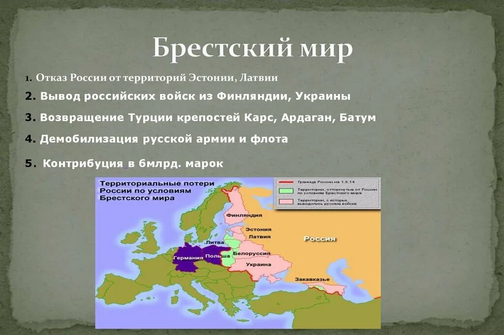 Каких территорий лишится россия. Брестский Мирный договор 1918. Итоги первой мировой войны Брестский мир.