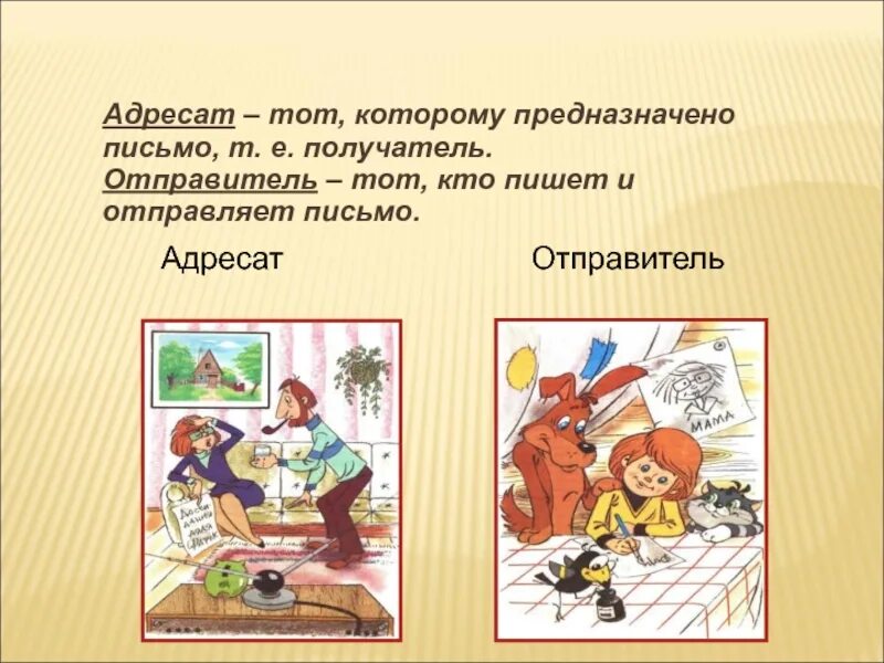 Что делает адресат. Учимся писать письма. адресат и адресант письма. учимся писать письмо презентация. написание письма для презентации.
