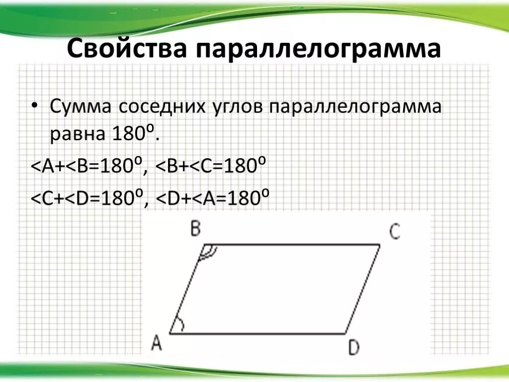 Сумма соседних углов параллелограмма равна 180. Сумма смежных (соседних) углов параллелограмма равна 180 градусов. Сумма противолежащих углов параллелограмма. Сумма соседних углов параллелограмма равна.