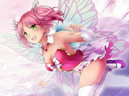 ...anime, open mouth, green eyes, cartoon, flying, white stockings, pink ha...