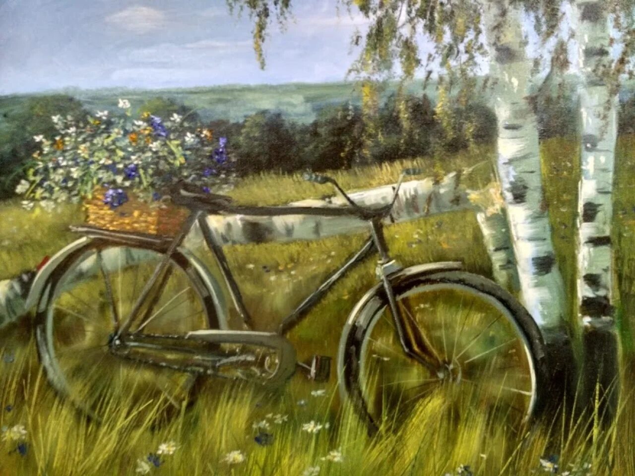 Песня нарву букет и подарю. Рубцов велосипед. Велосипедисты в живописи. Картина велосипед.