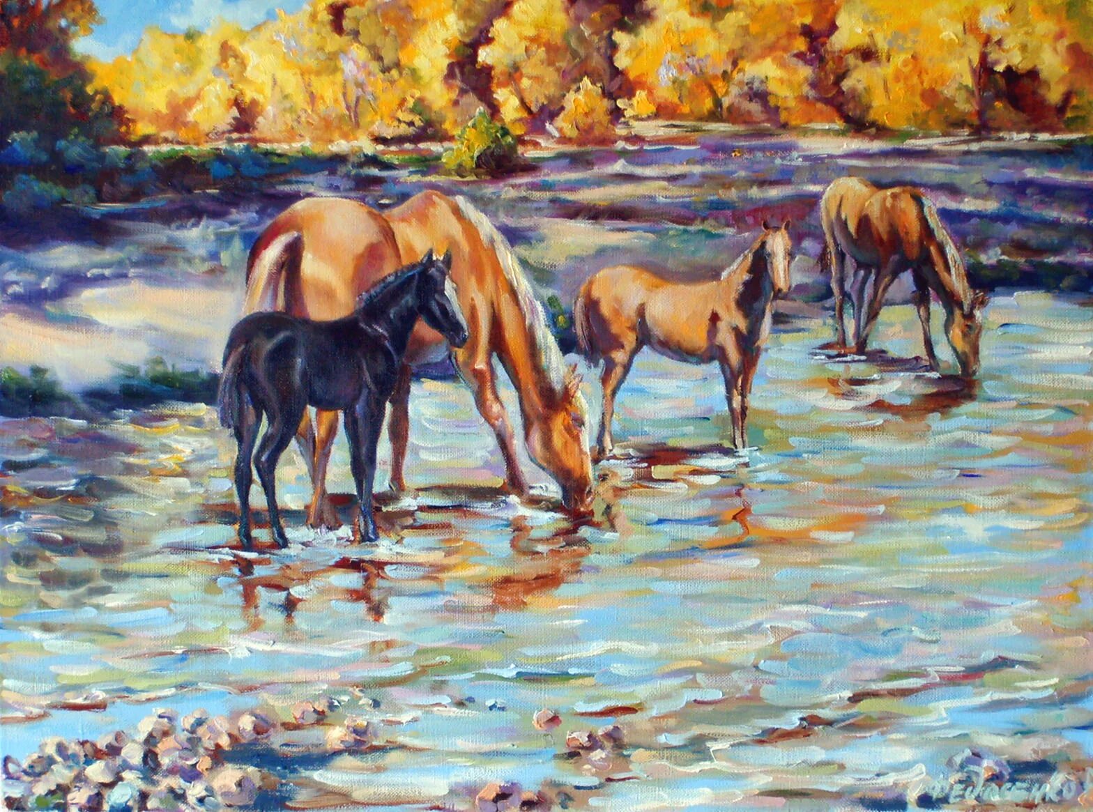 Кони на водопое картина Феофана Вакулюка. Лошади на водопое. Лошади на водопое в живописи. Муж привел коня