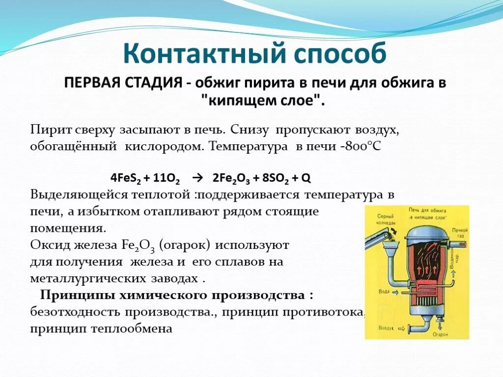 Контактный способ получения серной кислоты 11 класс. Основные стадии промышленного получения серной кислоты. Обжиг пирита принцип противотока. Стадии производства серной кислоты кратко. Обжиг серы реакция