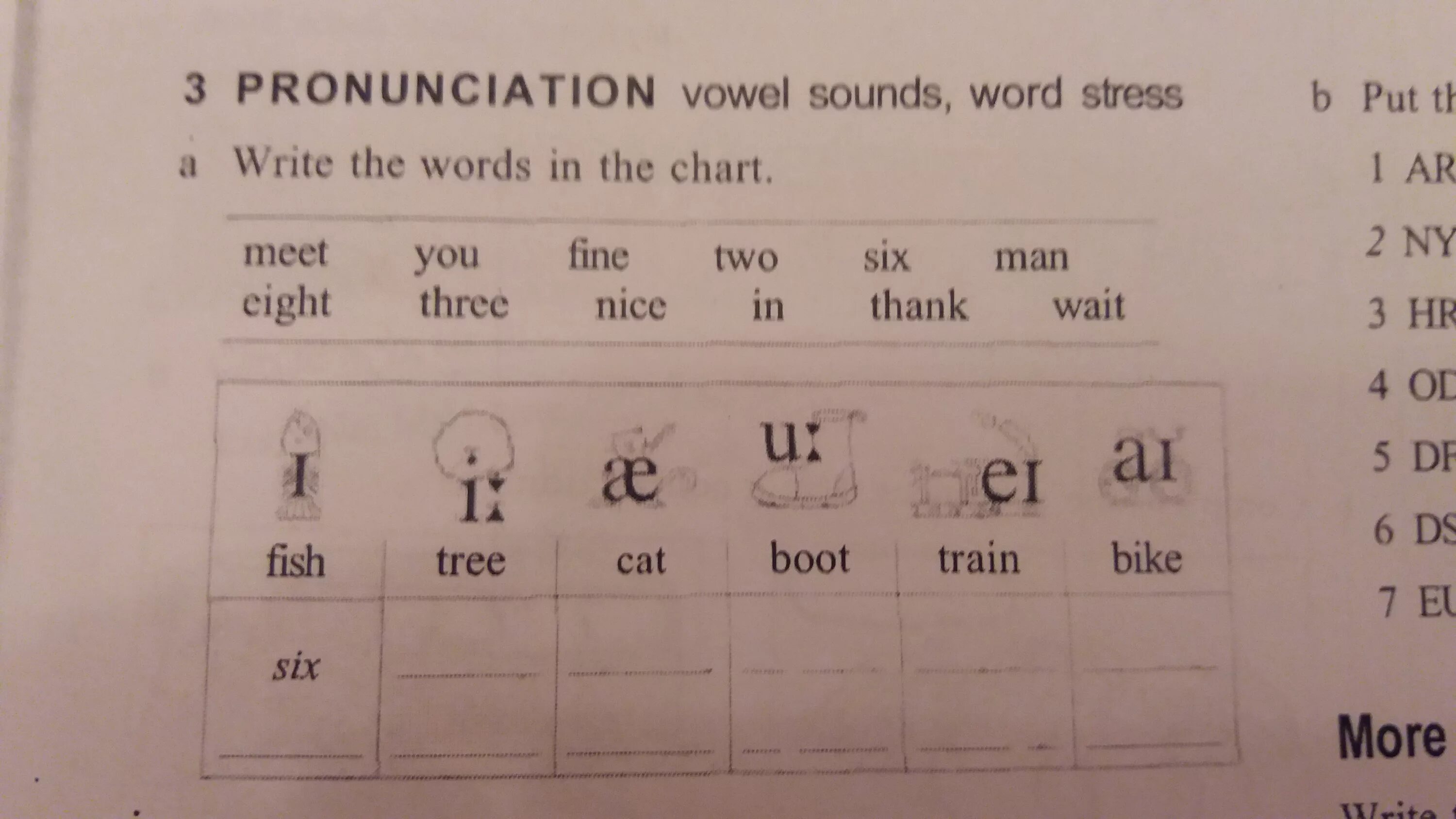 Listen and write the letter. Write the Words in the Chart. Write the Words in English. Write the Worlds in the Chart. Pronunciation Vowel Sounds Word stress . Write the in the Chart.