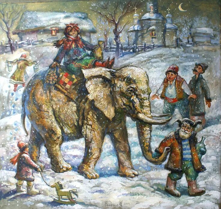 Зимний слоник. Слоны художники. Слоны зимой.