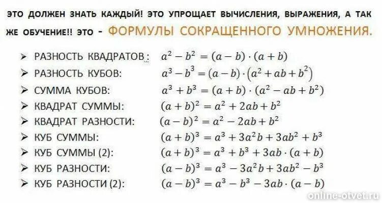 Тождества сокращенного умножения формулы. Формулы сокращенного умножения 7 класс таблица. Формулы сокращения Алгебра 7 класс. Формулы сокращенного умножения 6 формул. Значение выражения а плюс 4 в квадрате