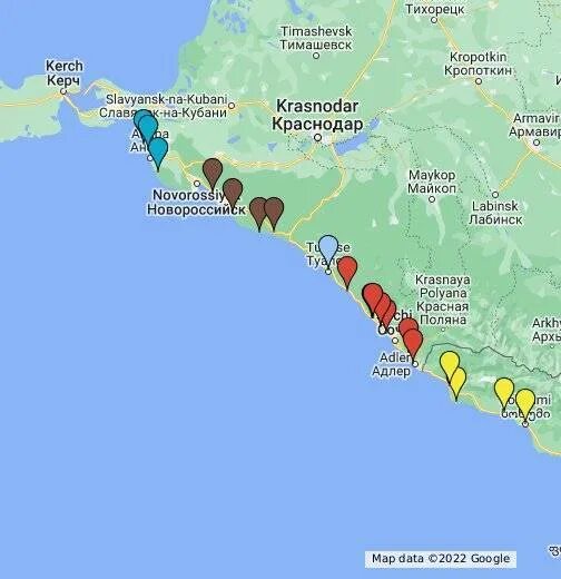 Карта Краснодарского края побережье черного моря. Курорты Краснодарского края карта побережья. Карта Черноморского побережья Краснодарского края с курортами. Курортные города черноморского побережья