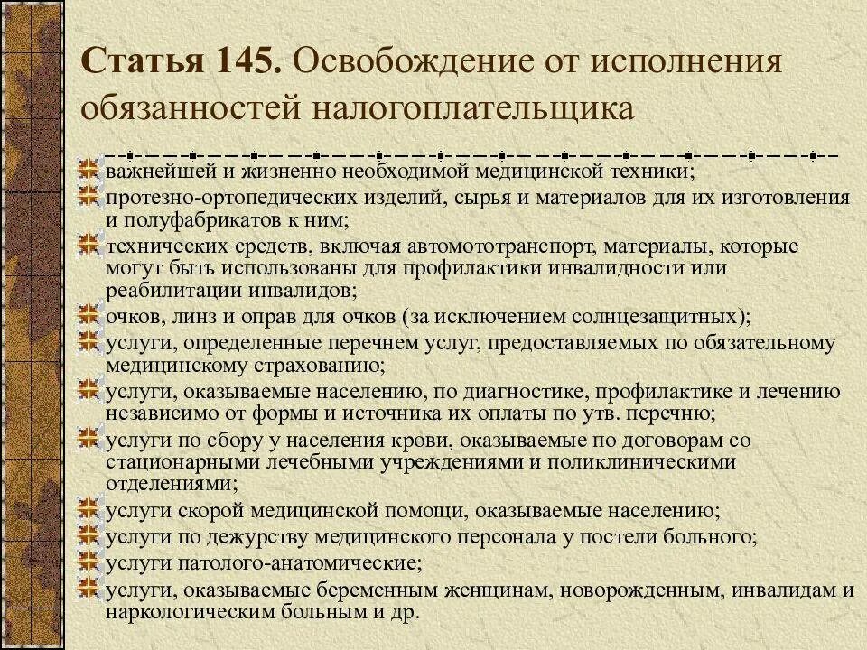 Статья 145.1. Освобождение от исполнения обязанностей налогоплательщика. статья 145. освобождение от исполнения обязанностей налогоплательщика по ндс. ст 145 налогового кодекса освобождение от ндс.