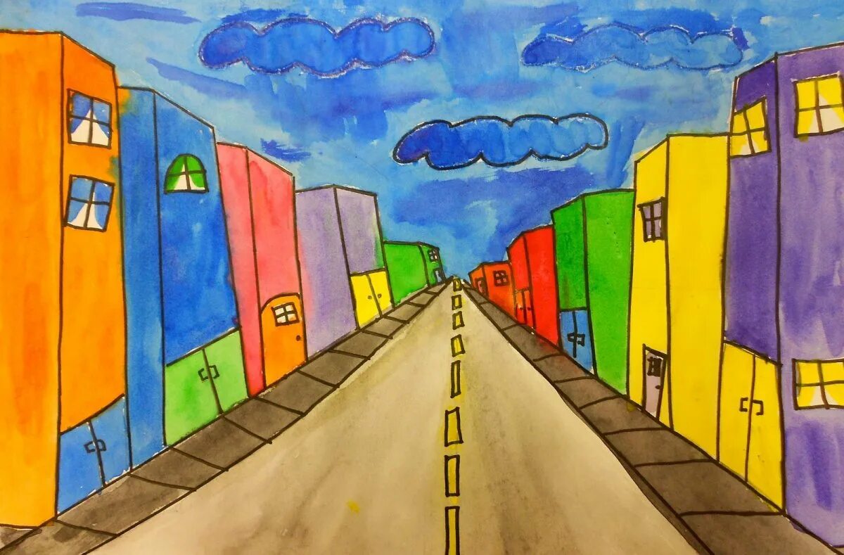 Линейная перспектива для детей. Город рисунок. Перспектива в рисунке: линейная перспектива. Рисунок тема перспектива. Линейная перспектива городской пейзаж в цвете.