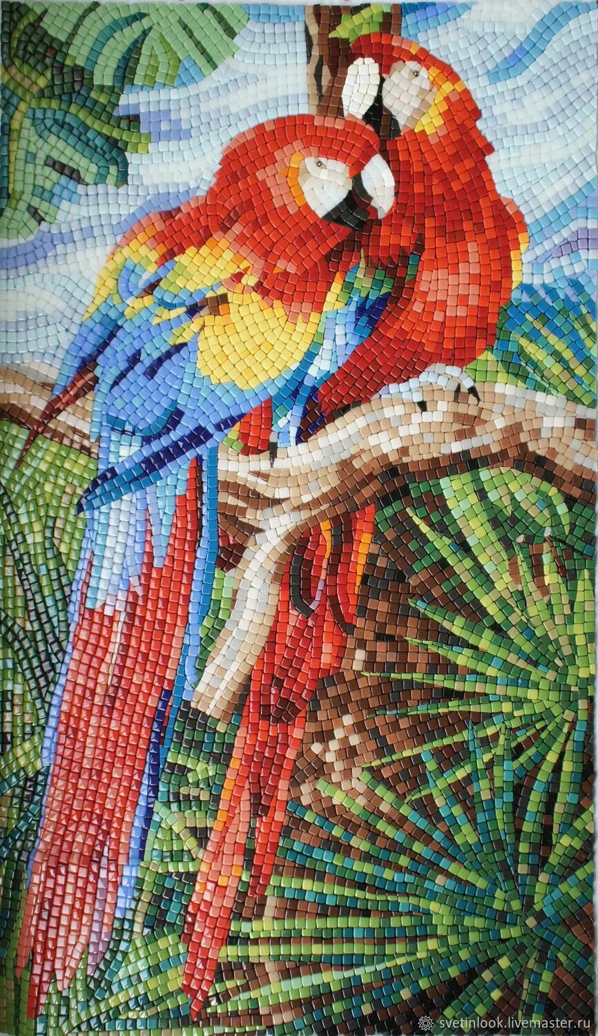 Панно попугаи. Мозаика попугай. Попугай из мозаики. Мозаичное панно с попугаями.