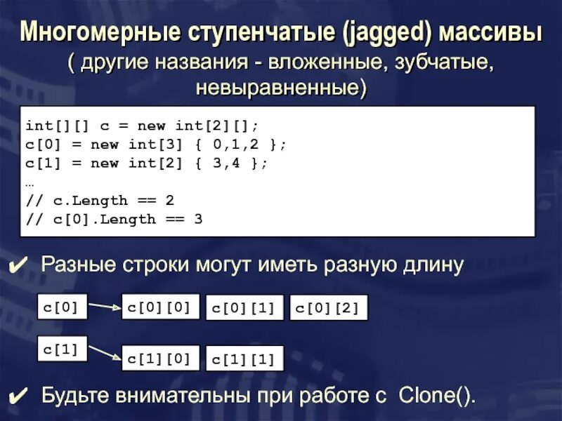 Ступенчатый массив. Зубчатый массив c#. Многомерный массив. Двумерный ступенчатый массив.