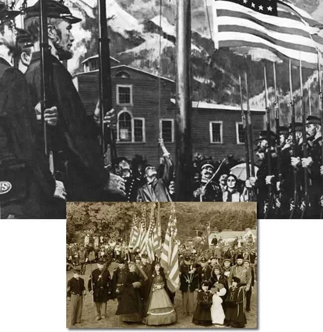 1 продажа аляски. 1867 Год передача Аляски США. 18 Октября 1867 года Аляска передана США. Церемония передачи Аляски 1867. Флаг Аляски 1867.