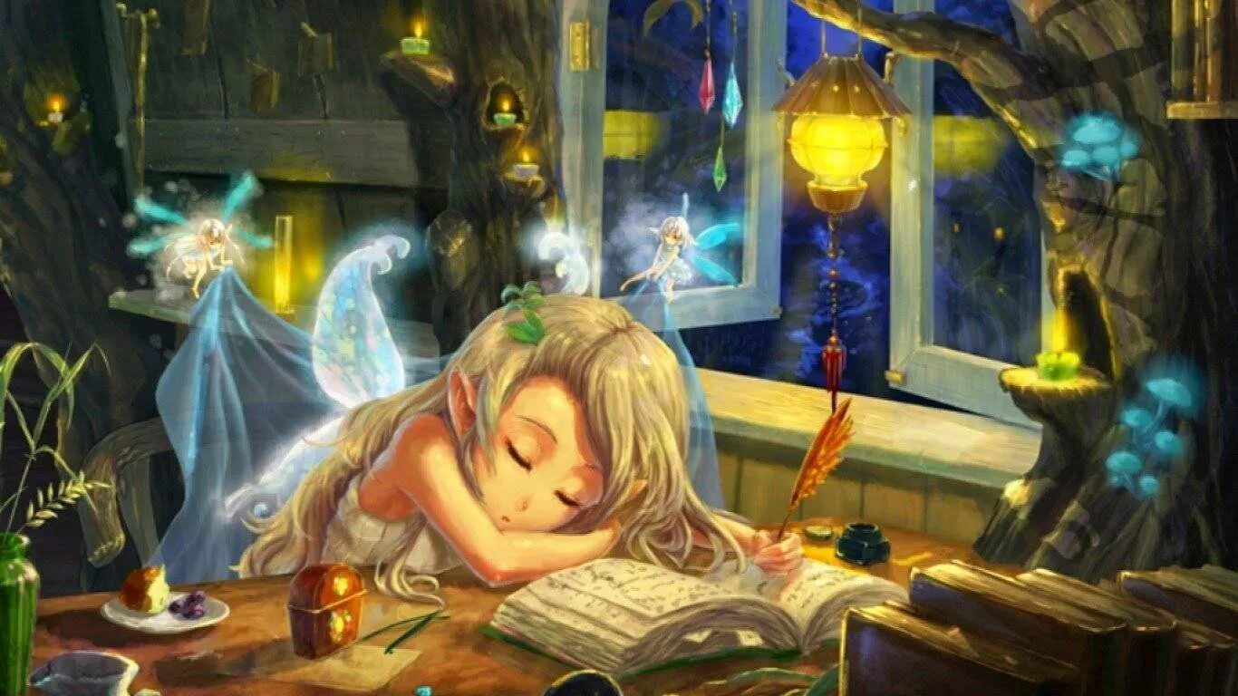 Милая сказка на ночь девушке. Сказочный сон. эльфийка с книгой. волшебство в картинках. сказки на ночь.