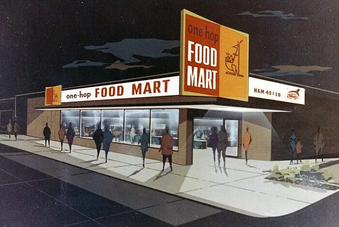 Март стор. Ретро Ритейл. Foodmart магазин. Стиль МИД-сенчури вывески уличные. One Hop что это.