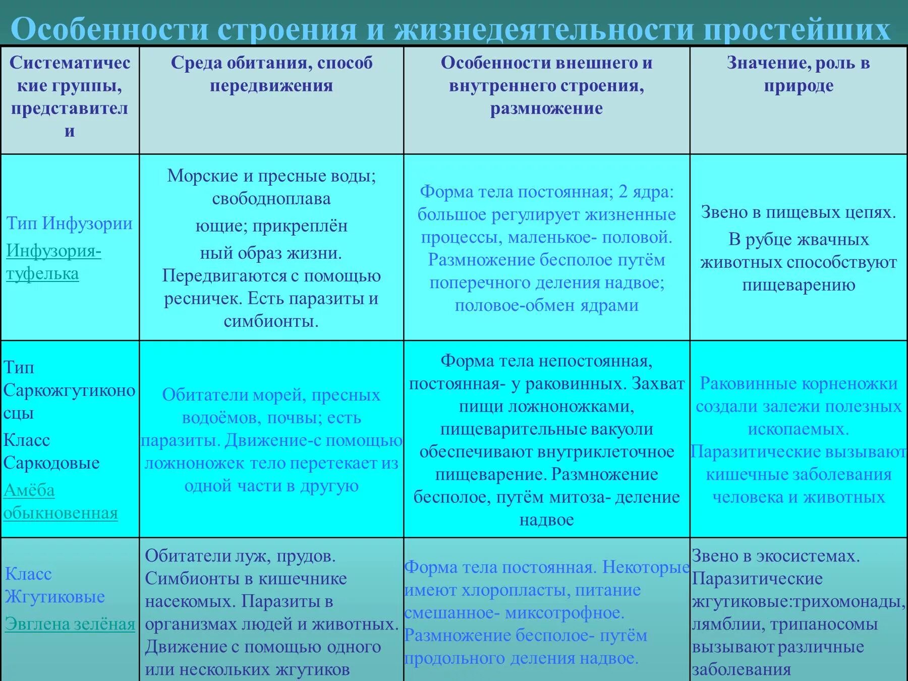 Особенности группы простейших. Таблица сравнение саркодовых жгутиковых и инфузорий. Особенности строения и жизнедеятельности простейших. Особенности строения. Особенности жизнедеятельности простейших таблица.