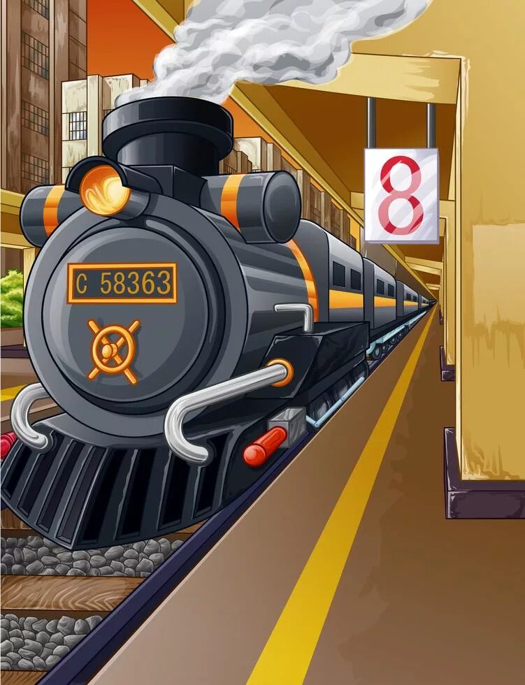 Train is in the station. Train station vector.