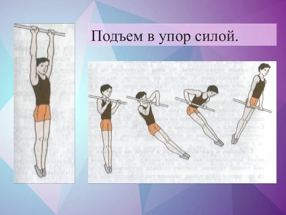 Находиться упор. Подъем в упор силой. Упор на перекладине. Подъем из виса в упор переворотом или силой. Упоры в гимнастике.